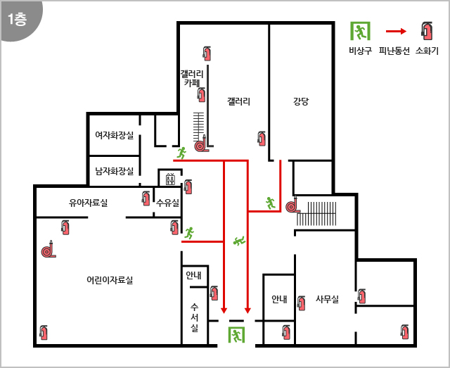 1층 - 출입구, 어린이자료실, 전시실, 휴게실, 강당, 안내, 사무실