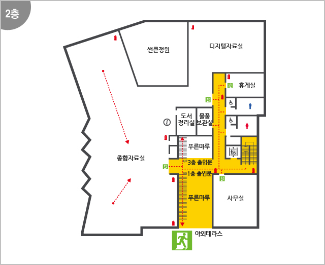 2층 - 썬큰정원, 디지털자료실, 휴게실, 도서정리실, 물품보관실, 푸른마루, 3층 출입문, 1층 출입문, 사무실, 야외테라스