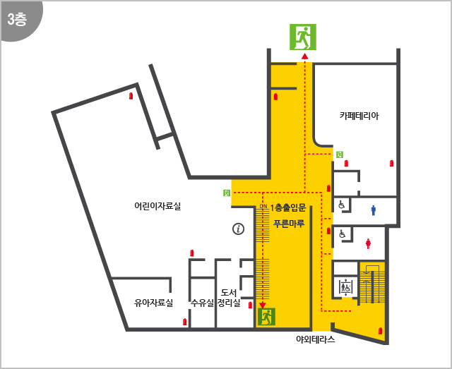 3층 - 어린이자료실, 유아자료실, 수유실, 도서정리실, 1층 출입문, 푸른마루, 야외테라스, 카페테리아
