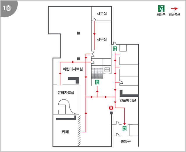 1층 - 사무실, 사무실, 어린이자료실, 유아자료실, 카페, 인포메이션, 출입구