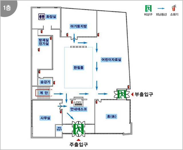 1층 - 주출입구, 무인반납기, 사무실, 안내데스크, 휴, 계단, 승강기, 방재실,전기실, 한림홀, 어린이자료실, 아기둥지방, 화장실, 부출입구