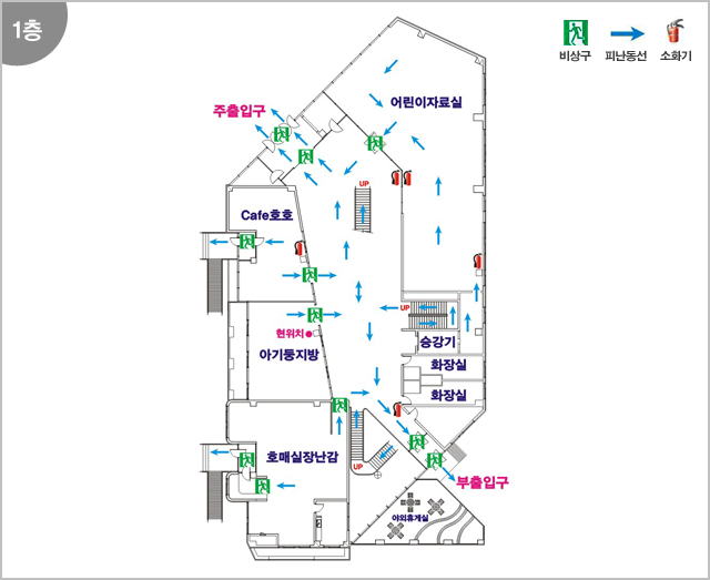 1층 - 주출입구, cafa호호, 어린이자료실, 아기둥지방, 승강기, 화장실, 화장실, 호매실장난감, 야외휴게실, 부출입구