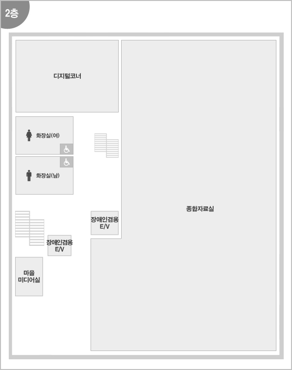 2층 - 디지털코너, 종합자료실, 장애인화장실(여), 화장실(남), 장애인화장실(남), 장애인겸용E/V, 마을미디어실