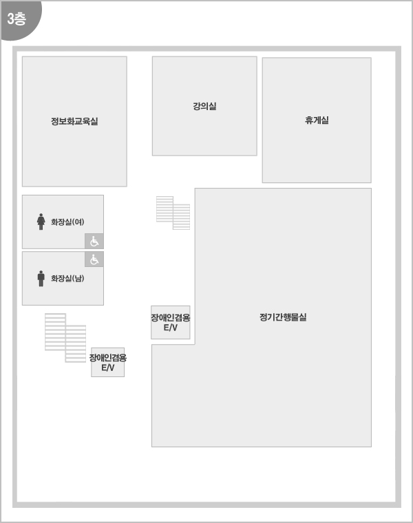 3층 - 정보화교육실, 강의실, 휴게실, 장애인화장실(여), 화장실(남), 장애인화장실(남), 장애인겸용E/V,  정기간행물실