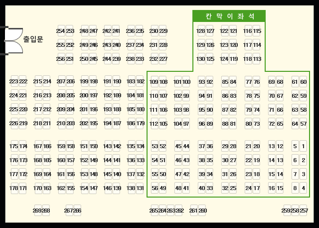 제 1열람실 칸막이좌석은 1번 좌석부터 130번좌석까지 있고, 일반좌석은 131번좌석부터 269번좌석까지 있습니다.